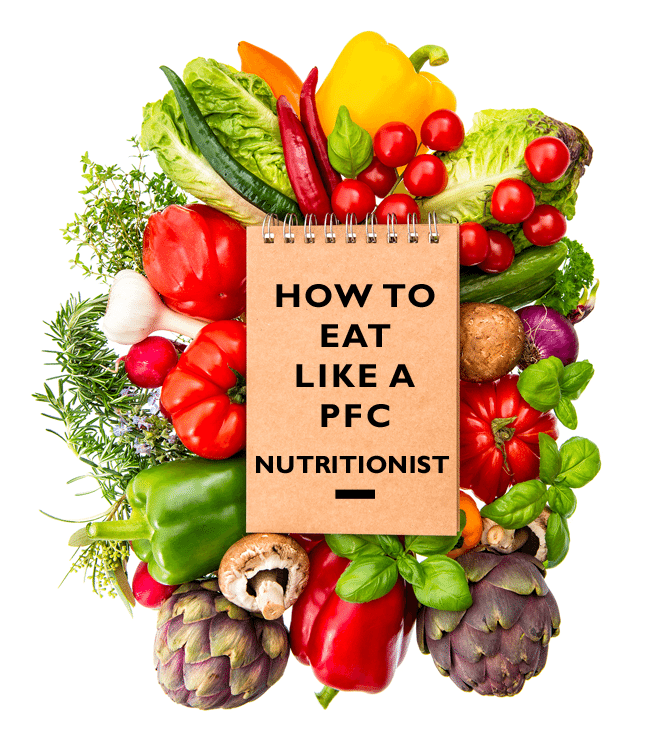 Vegetables surrounding text "how to eat like a PFC nutritionist"