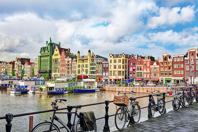 AMSTERDAM NETHERLANDS - SEPTEMBER 15 2015: Beautiful views of the streets ancient buildings people embankments of Amsterdam - also call "Venice in the North". Netherland