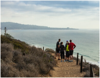 Premier Fitness Camp participants walk along a trail next to the ocean in california