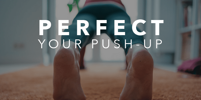 Woman does pushup with words "PERFECT YOUR PUSH-UP" written on top
