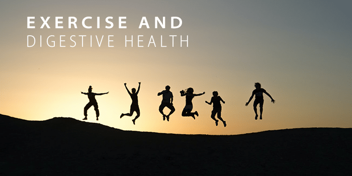 Silhouettes of people jumping into the air with the words "EXERCISE AND DIGESTIVE HEALTH" written above