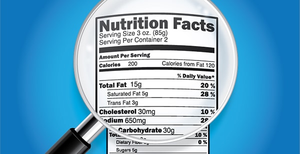 Nutrition facts for food are zoomed in with magnifying glass
